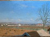 un tableau représentant une ferme avec une grange