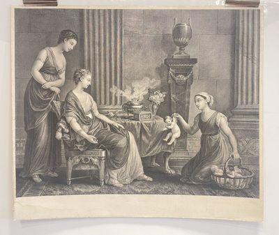 a picture of a woman and two women sitting at a table with a cat