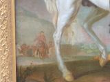 painting of a man in a red coat riding a white horse