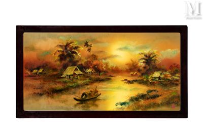 tableau représentant un bateau sur une rivière, avec un coucher de soleil en arrière-plan