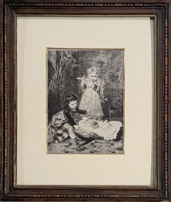 tableau représentant une femme et deux enfants dans un décor boisé