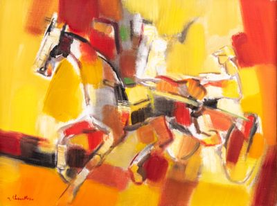 painting of a painting of a horse and rider on a yellow and red background