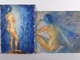 two paintings of a man and a woman are on a wall
