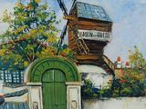 painting of a windmill in a village with a green door