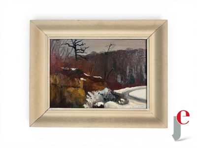 une peinture à l'huile représentant un paysage enneigé avec des arbres et une route