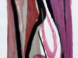 painting of a vase with a pink and black design on a white background