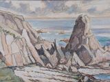 painting of a painting of a rocky coast with a body of water in the background