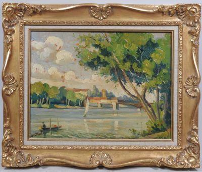une image d'une peinture représentant un bateau sur une rivière