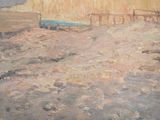 a painting of a man laying on the beach next to a wooden bench