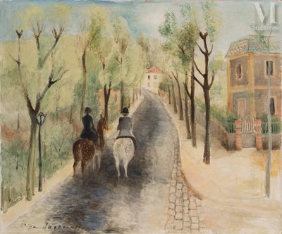 un tableau représentant deux personnes à cheval dans la rue