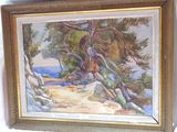 tableau à l'huile encadré représentant un arbre sur la plage, au bord de l'océan