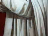 painting of a man in a white robe holding a red object
