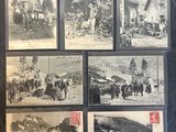 several old black and white photos of people and horses in a town