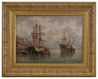 un tableau représentant des bateaux dans un port, avec le ciel en arrière-plan
