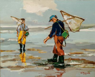tableau représentant deux hommes marchant sur la plage avec un filet de pêche