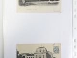two black and white photos of people standing in front of a building
