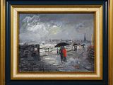 a painting of people walking in the rain with umbrellas