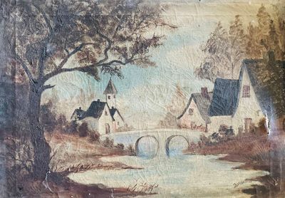 une photo d'un tableau représentant un village au bord de l'eau