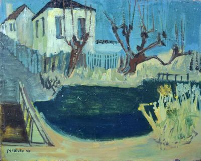 une peinture représentant une peinture d'une maison au bord de l'eau