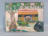 peinture représentant une scène de rue avec des personnages et une voiture