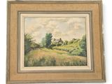 an image of a painting of a field with trees in the background
