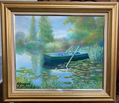 un tableau représentant un bateau sur l'eau, au milieu des nénuphars