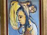 an oil painting of a woman with a hat on her head