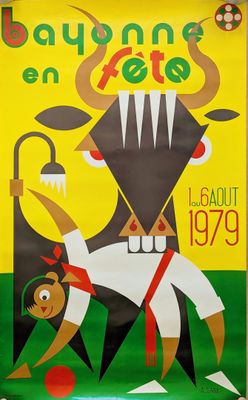 a yellow poster with a picture of a bull and a man on it