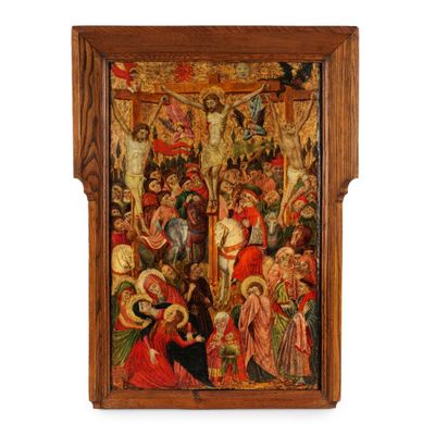 un tableau représentant un groupe de personnes dans une pièce où se trouve une croix