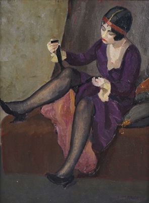 painting of a woman in a purple dress sitting on a couch holding a glass of wine