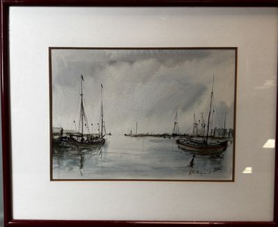 a picture of a painting of boats in the water