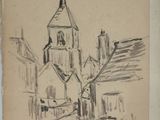 an old drawing of a church with a steeple and a tree in the foreground