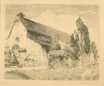 un dessin représentant une église au milieu d'un champ