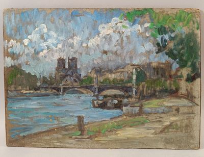 a painting of a painting of a bridge over a river