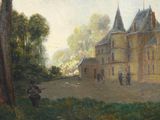 an image of a painting of a castle in a wooded area