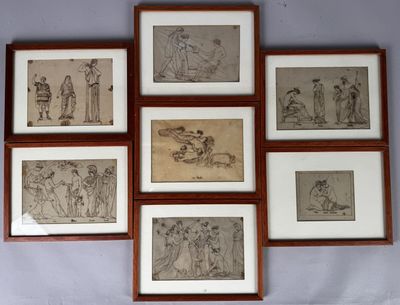 six framed drawings of people in various poses on a wall