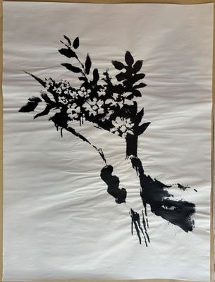 a black and white painting of a woman holding a bouquet of flowers