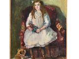 une image représentant un tableau où l'on voit une jeune fille assise sur une chaise avec un chat