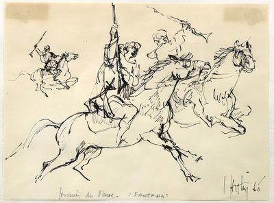 dessin représentant un homme à cheval, une lance à la main