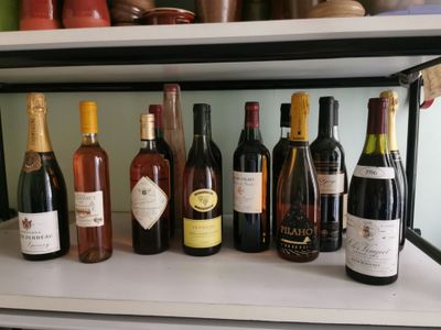 Des bouteilles de vin sont alignées sur une étagère dans une cuisine