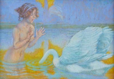 un tableau représentant une femme et un cygne dans l'eau
