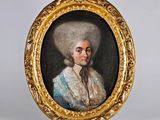 portrait d'une dame en robe bleue et chapeau blanc