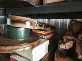 a green pan on top of a stack of books