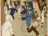 an illustration of a group of people walking down a street next to a dog