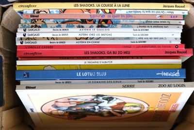beaucoup de livres dans une boîte en carton posée sur la table