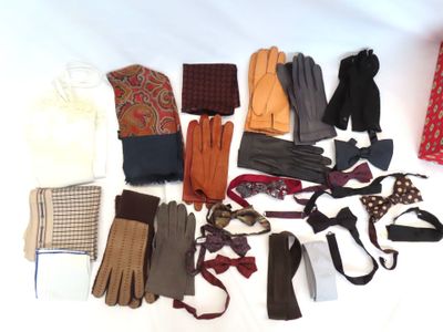 plusieurs paires de gants, écharpes, gants, cravates, écharpes, cravates, gants et écharpes disposés sur une surface blanche