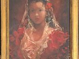 portrait of a young girl in a red dress with a red flower in her hair