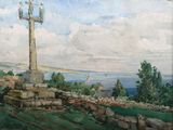 un tableau représentant une croix sur une colline avec vue sur l'océan