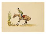 tableau représentant une femme à cheval en train de sauter par-dessus une haie