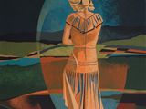 an image of a painting of a woman in a dress standing in the water